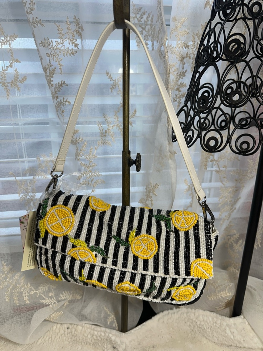 Made in India, black white striped beaded lemon shoulder bag